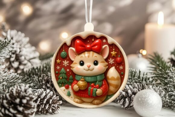 3D Porcelain Cat Ornament: Festive Illustrations
