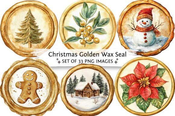 Christmas Golden Wax Seal: Festive Illustrations