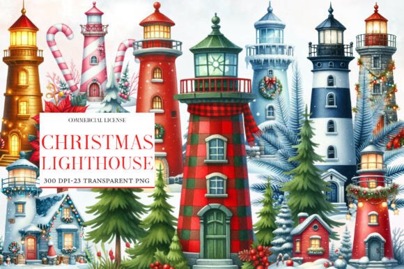 Christmas Lighthouse Clipart: Branding & Illustrations