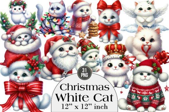Christmas White Cat Clipart: Festive Illustrations