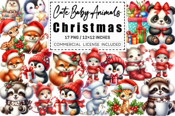 Cute Baby Animals in Christmas Outfits Illustrations