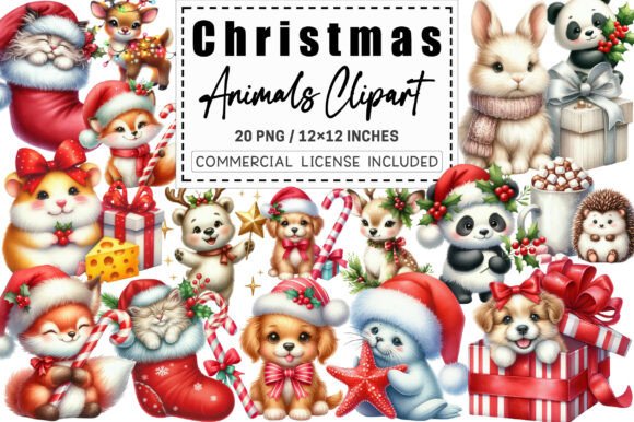 Cute Christmas Animals Clipart Bundle Illustrations