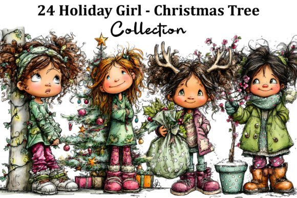 Holiday Girl - Christmas Tree Clipart: Branding & Illustrations