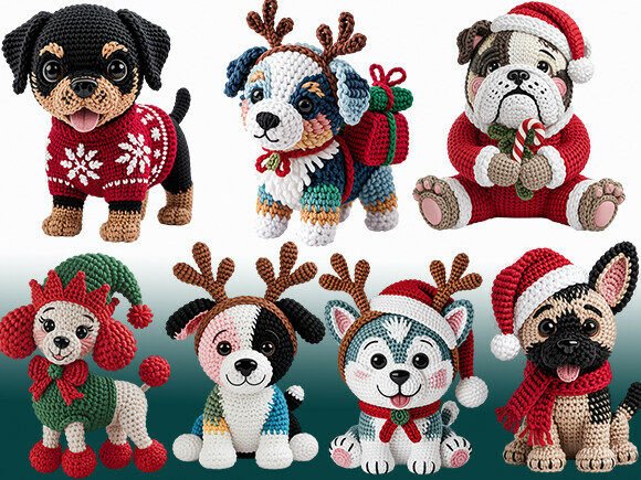 Kawaii Christmas Crochet Dog Bundle PNG Illustrations