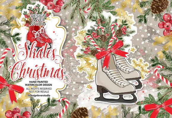 Watercolor Skates Christmas Red Hand P Illustrations