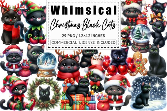 Whimsical Christmas Black Cats Clipart Illustrations