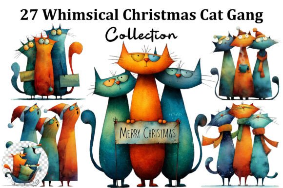Whimsical Christmas Cat Gang Clipart: Illustrations