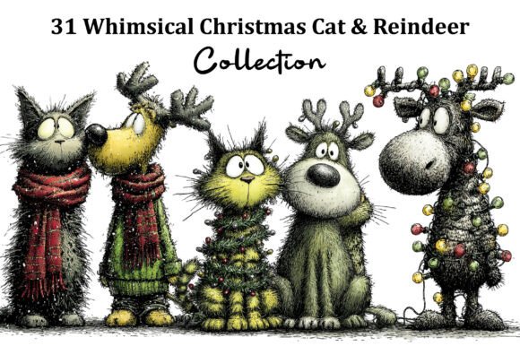 Whimsical Christmas Cat Reindeer Illustrations