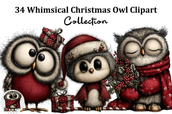 Whimsical Christmas Owl Clipart for Illustrations