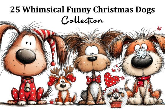 Whimsical Funny Christmas Dogs Clipart for Illustrations