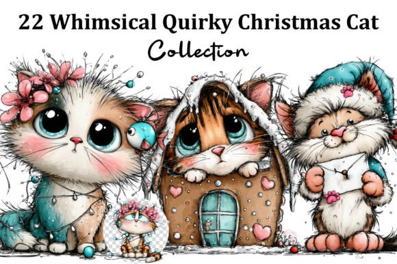 Whimsical Quirky Christmas Cat Clipart & Illustrations