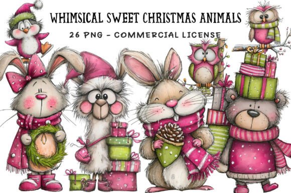 Whimsical Sweet Christmas Animals Clipart & Illustrations